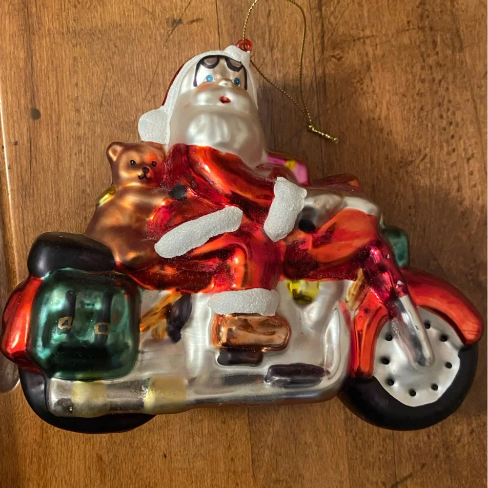 Vtg Glass Santa Motorcycle Christmas Tree Ornament